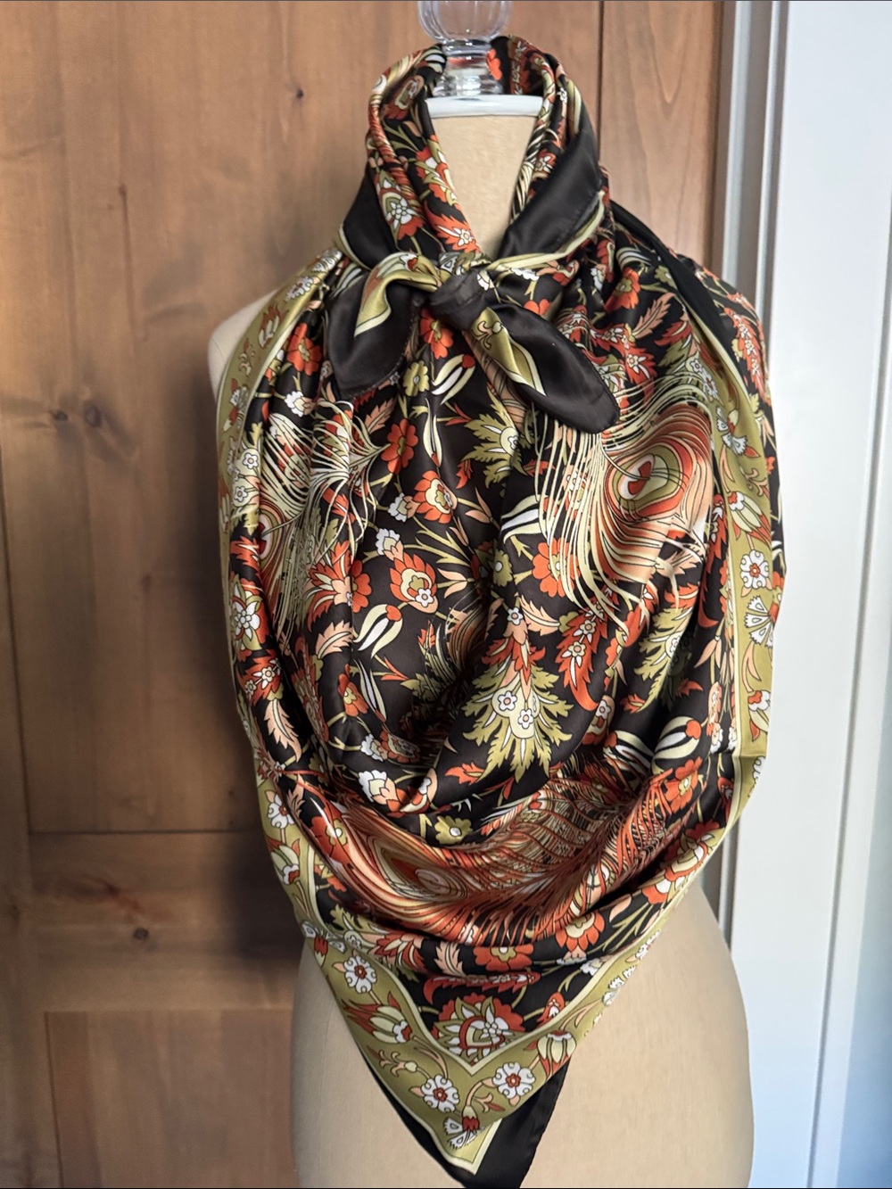 NWOT Bursa 100% Silk Scarf Womens 46’X46’ Dark Brown Orange Green Floral feather